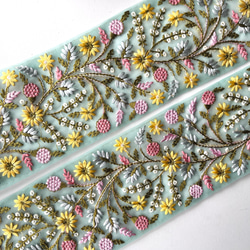 【50cm】インド刺繍リボン　シーグリーンxイエロー　チュール　GN696 5枚目の画像