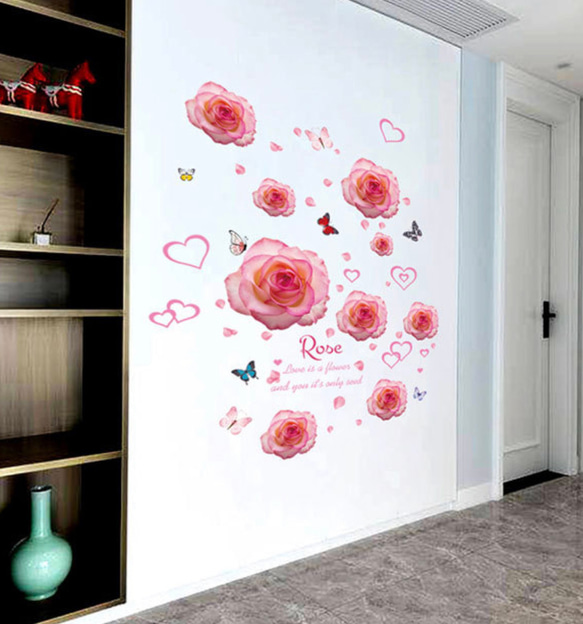 ウォールステッカー SZ24 ピンクバラ　ローズ　ローマン　新婚　癒す　DIY 壁紙　インテリアシート　剥がせるシール 3枚目の画像