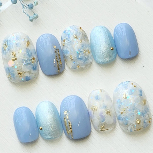 ♡おまかせ夏ネイルフルオーダー♡ 涼しげフラワー * お花ネイル ブルーネイル ネモフィラネイル 春
