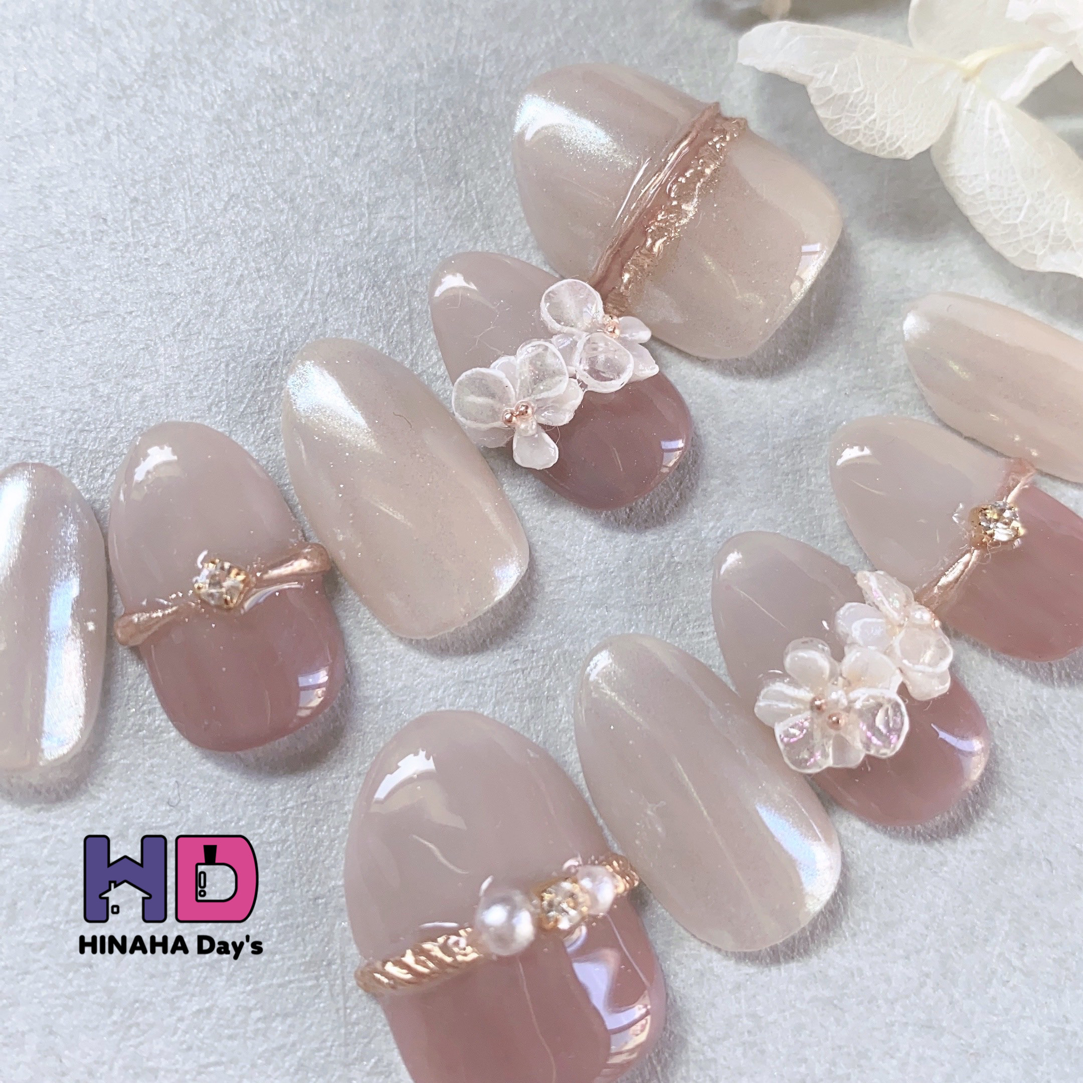 《専用ケース付✨》ブライダル/ネイルチップ/グレージュ/パール/リング/3d/花/大人可愛い/ウェディング/上品