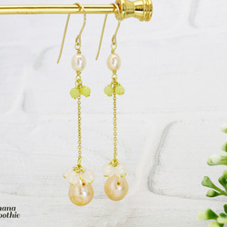 ロングでファッショナブルに オレンジ淡水パール × イエローオパール ローズクォーツの 豪華な14kgfピアス 5枚目の画像