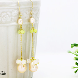 ロングでファッショナブルに オレンジ淡水パール × イエローオパール ローズクォーツの 豪華な14kgfピアス 6枚目の画像