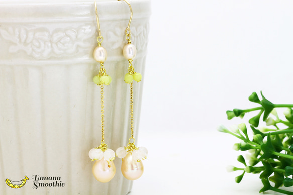 ロングでファッショナブルに オレンジ淡水パール × イエローオパール ローズクォーツの 豪華な14kgfピアス 6枚目の画像