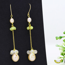 ロングでファッショナブルに オレンジ淡水パール × イエローオパール ローズクォーツの 豪華な14kgfピアス 7枚目の画像