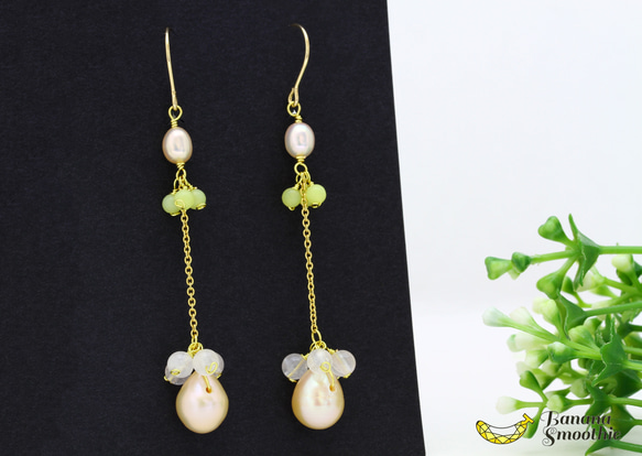 ロングでファッショナブルに オレンジ淡水パール × イエローオパール ローズクォーツの 豪華な14kgfピアス 7枚目の画像