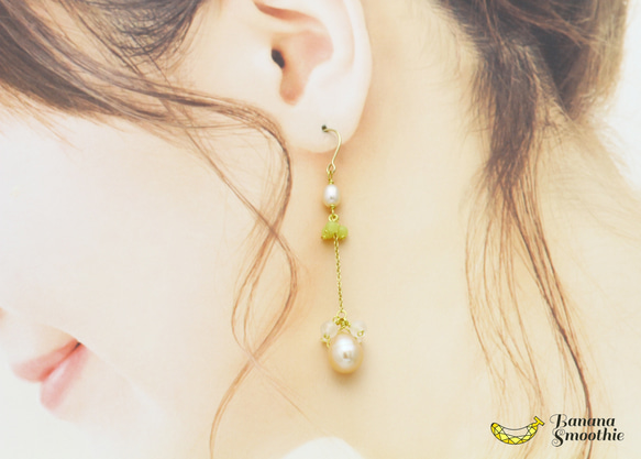 ロングでファッショナブルに オレンジ淡水パール × イエローオパール ローズクォーツの 豪華な14kgfピアス 3枚目の画像