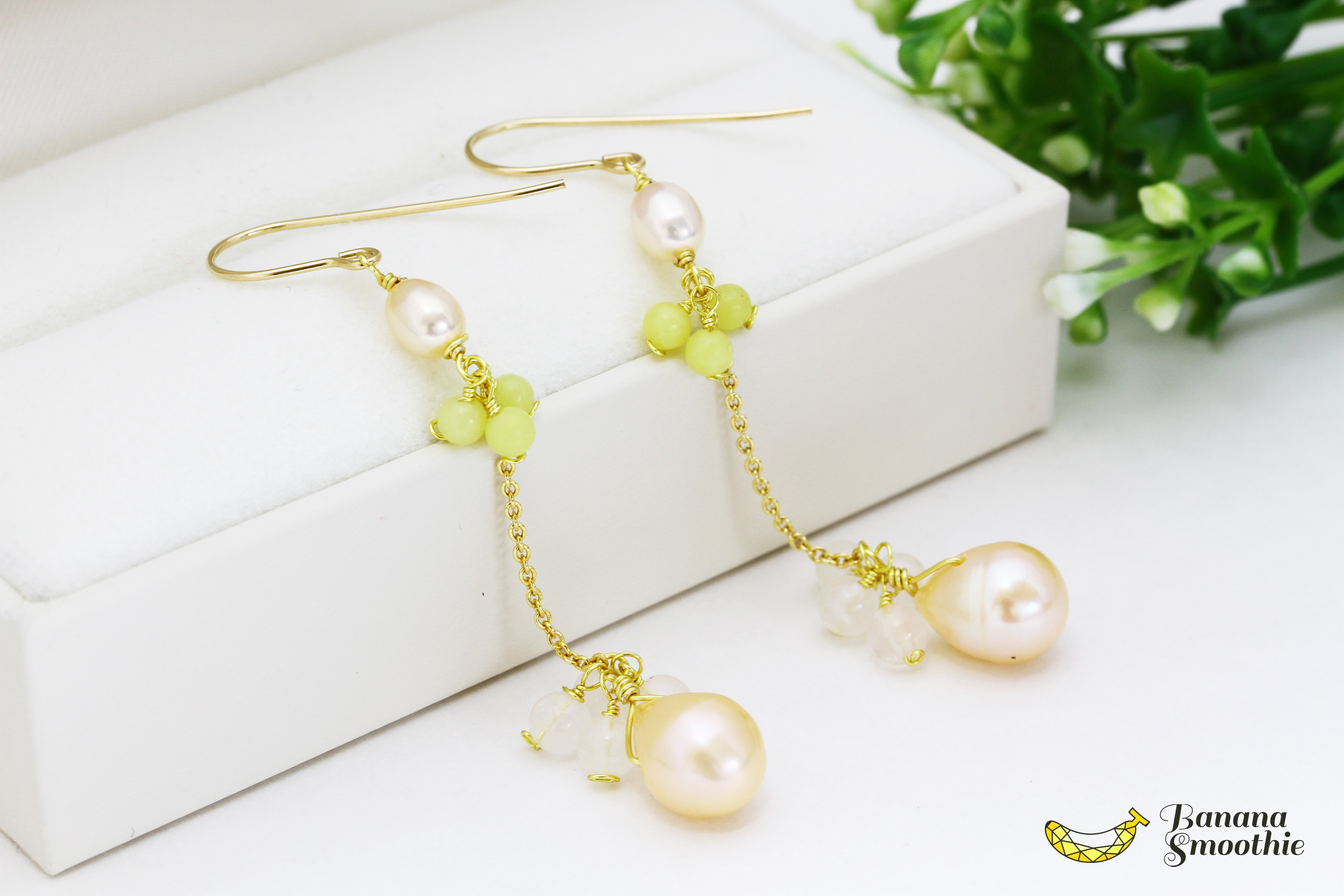 ロングでファッショナブルに オレンジ淡水パール × イエローオパール ローズクォーツの 豪華な14kgfピアス