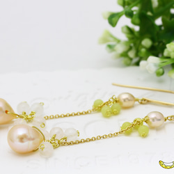 ロングでファッショナブルに オレンジ淡水パール × イエローオパール ローズクォーツの 豪華な14kgfピアス 4枚目の画像