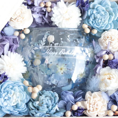 特別な贈り物に】桐箱のフラワーBOX「ネモフィラ&アクアマリンの水中