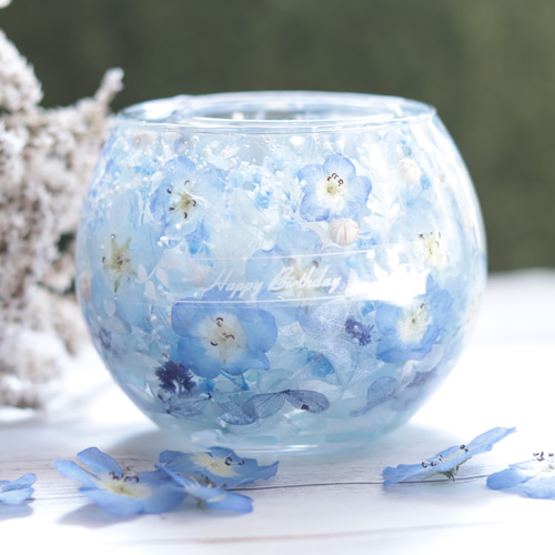 特別な贈り物に】桐箱のフラワーBOX「ネモフィラ&アクアマリンの水中