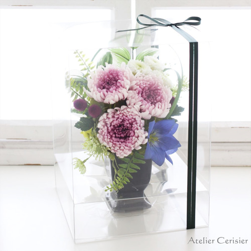 大輪菊3輪と小菊の仏花 Mサイズ（白×紫）お供え花 プリザーブド