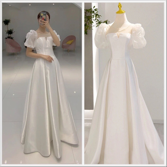 パフスリーブ サテン　シンプル ウエディングドレス 二次会 前撮り バスト ウエスト ヒップ