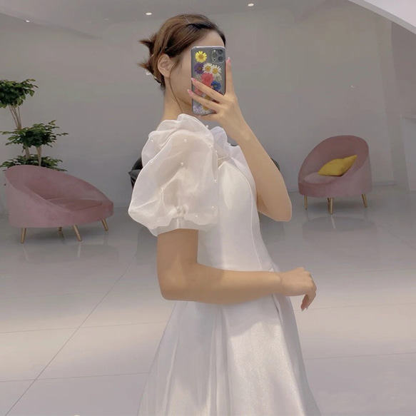 パフスリーブ サテン　シンプル ウエディングドレス 二次会 前撮り バスト ウエスト ヒップ
