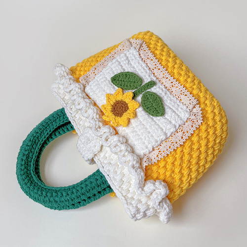 手織りひまわりハンドバッグバッグかぎ針編み糸自家製ハンドバッグ