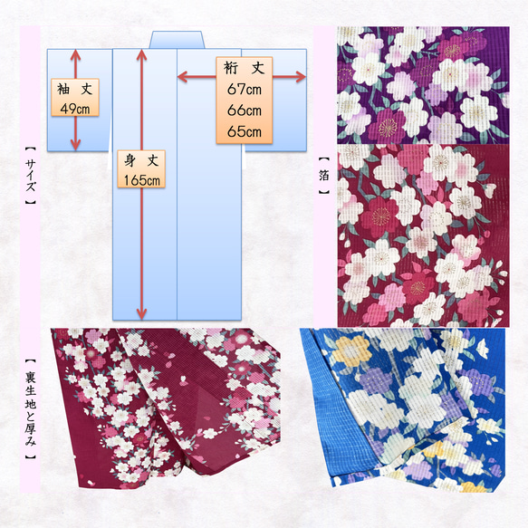 京染浴衣 浴衣単品 「桜小花」 青紫地 箔入り 綿紅梅 綿100% 春着物 単衣 レディース №23-0022 7枚目の画像