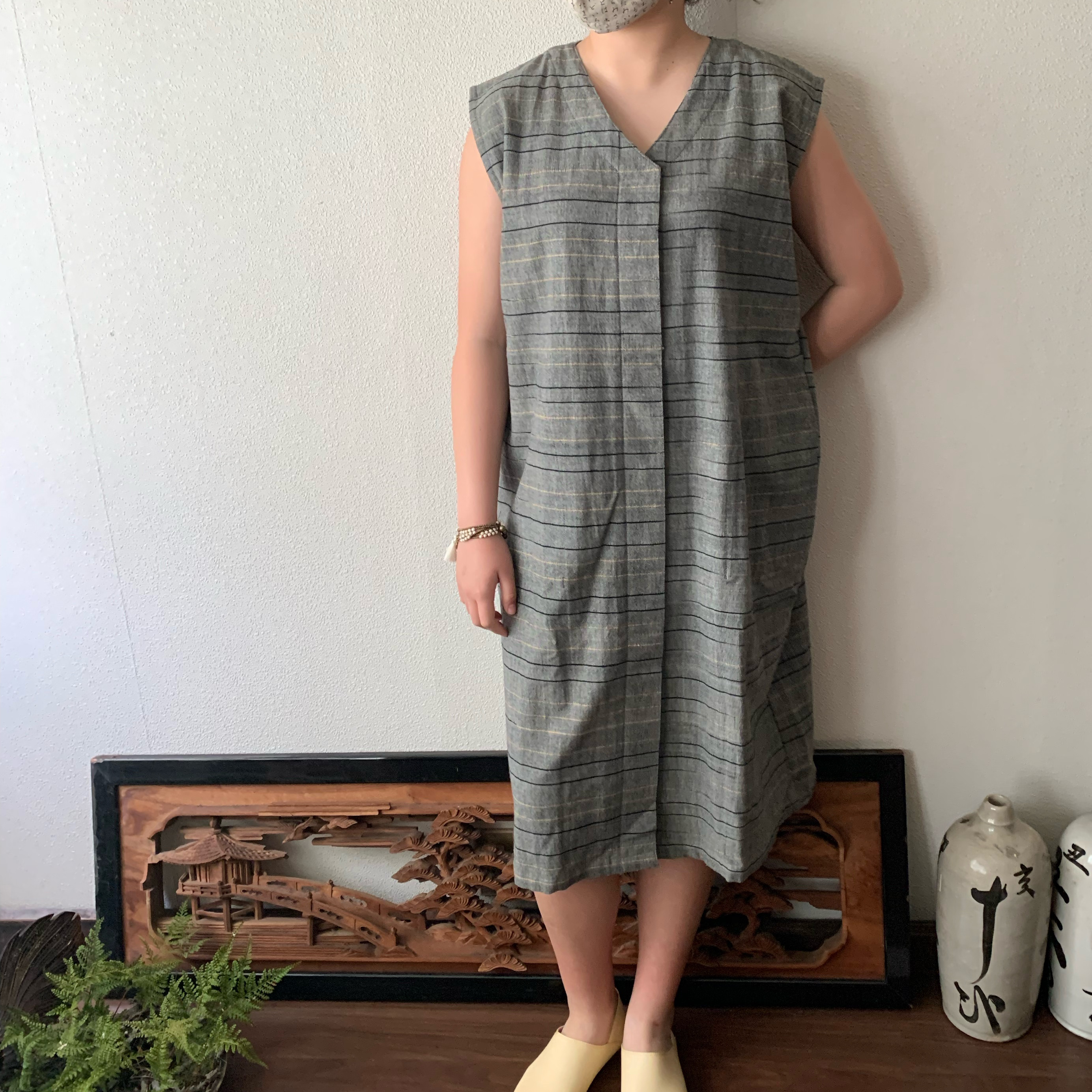 書生絣と型染め カッコいい羽織 ロングチュニック 閉じても開け