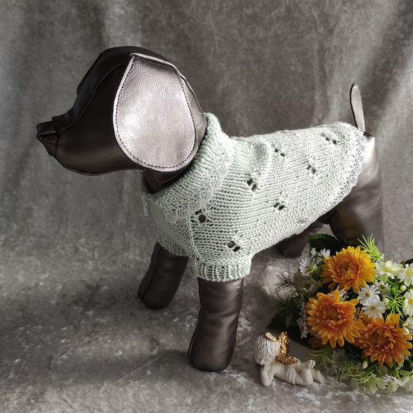 犬服＊手編みサマーセーター（ペパーミントグリーン）小型犬用 4枚目の画像