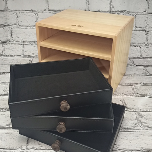 クラシック木製キャビネット 9引き出し　高品質 ひのきのレザートレー3段引き出しキャビネット チェスト