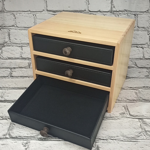 ひのきのレザートレー3段引き出しキャビネット チェスト