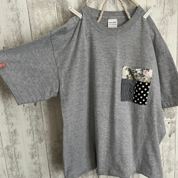 夏パッチポケット付きゆったりグレーTシャツcotton100% 2枚目の画像