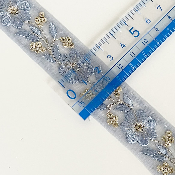 [ 291 ] インド刺繍 リボン くすみ水色 花柄 幅:2.5cm 5枚目の画像