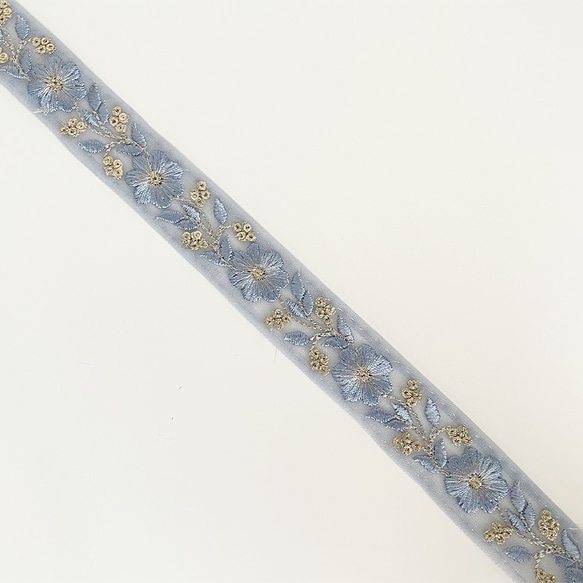 [ 291 ] インド刺繍 リボン くすみ水色 花柄 幅:2.5cm 4枚目の画像