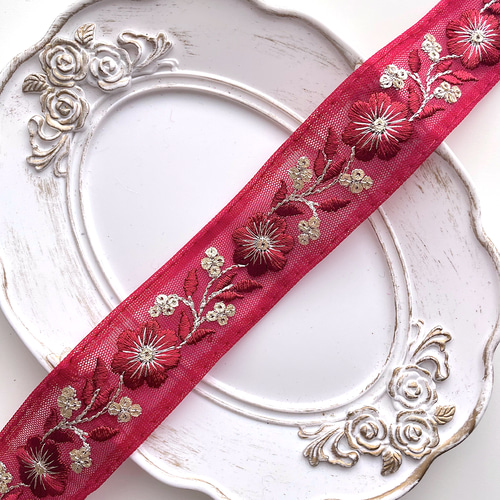 297 【 幅:2.5cm 】 インド刺繍リボン レッド チュール リボン 297 【 幅:2.5cm 】 インド刺繍リボン レッド チュール リボン