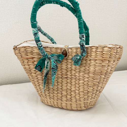 ◯かごハンドバッグ◯カゴバッグ　ブルーグリーン　籠 カゴバッグ ラタン (グリーンスカーフ付き) かごバッグ atelier