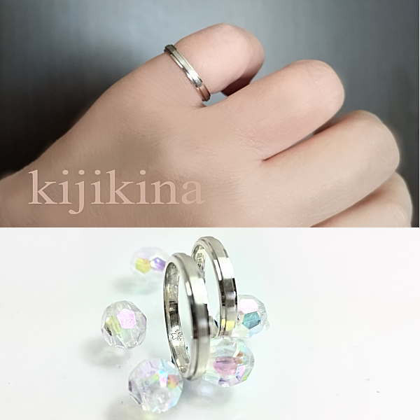 シルバー925　ヘア―ライン鏡面W仕上げ　平打ちペアリング　プラチナコーティング