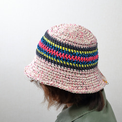サマーニット帽　バケットハット　手編み　夏糸　クロッシェ　帽子　ピンク系　メンズ　レディース　ジュニア 1枚目の画像