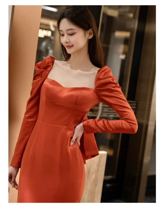 テラコッタ ロングリーブ　マーメイドパーティドレス 演奏会 バスト ウエスト ヒップ