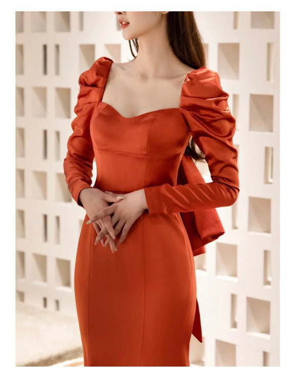 テラコッタ ロングリーブ　マーメイドパーティドレス 演奏会 バスト ウエスト ヒップ