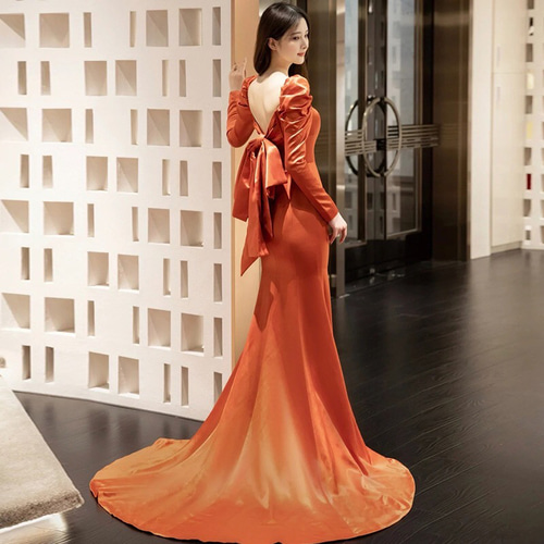 テラコッタ ロングリーブ マーメイドパーティドレス 演奏会 ドレス  