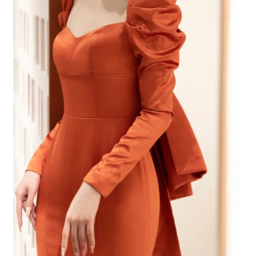 テラコッタ ロングリーブ マーメイドパーティドレス 演奏会 ドレス  