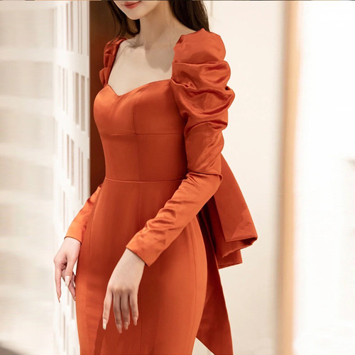 テラコッタ ロングリーブ マーメイドパーティドレス 演奏会 ドレス  