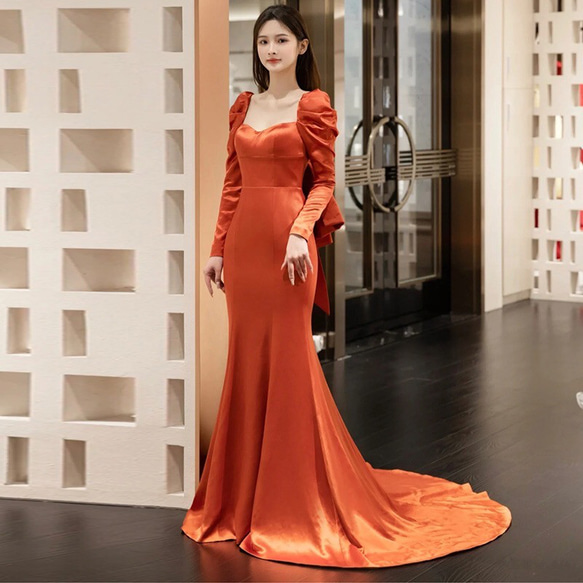 テラコッタ ロングリーブ　マーメイドパーティドレス 演奏会 バスト ウエスト ヒップ