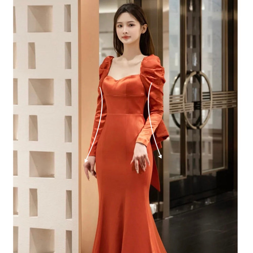 テラコッタ ロングリーブ マーメイドパーティドレス 演奏会 ドレス  