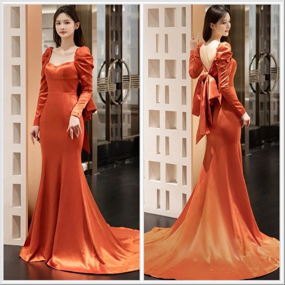 テラコッタ ロングリーブ　マーメイドパーティドレス 演奏会 バスト ウエスト ヒップ
