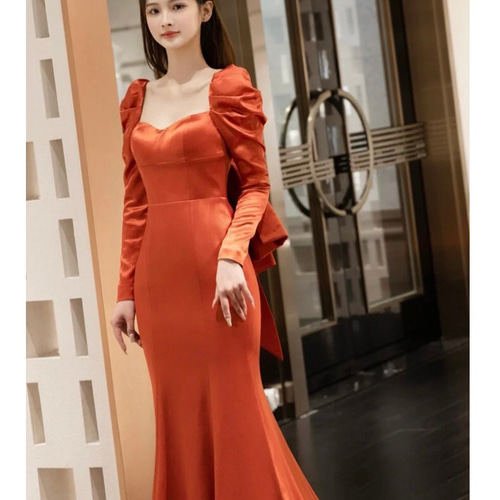 テラコッタ ロングリーブ マーメイドパーティドレス 演奏会 ドレス  
