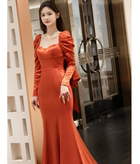 テラコッタ ロングリーブ　マーメイドパーティドレス 演奏会 バスト ウエスト ヒップ