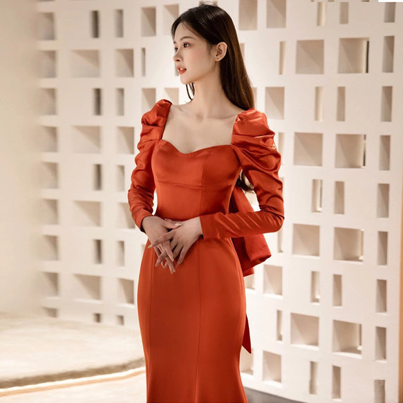 テラコッタ ロングリーブ　マーメイドパーティドレス 演奏会 バスト ウエスト ヒップ