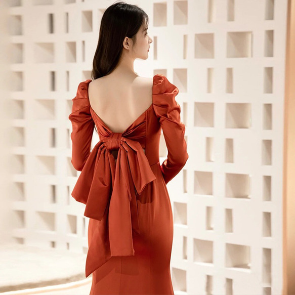 テラコッタ ロングリーブ　マーメイドパーティドレス 演奏会 バスト ウエスト ヒップ