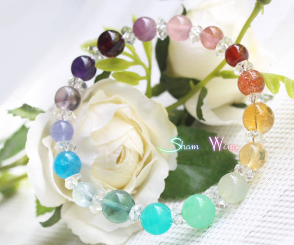 高品質クリソプレーズ等17種類のレインボーブレスレット+:｡初夏の虹.+:  