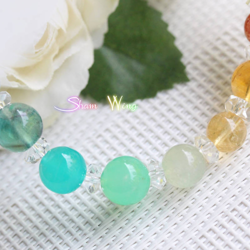 高品質クリソプレーズ等17種類のレインボーブレスレット+:｡初夏の虹.+: