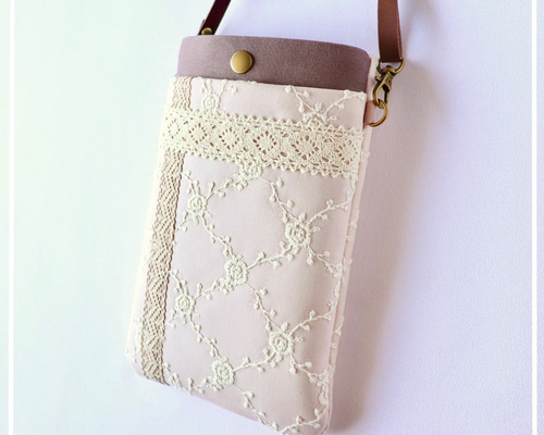 刺繍×レースのスマホポーチ くすみピンク×ブラウン スマホショルダー
