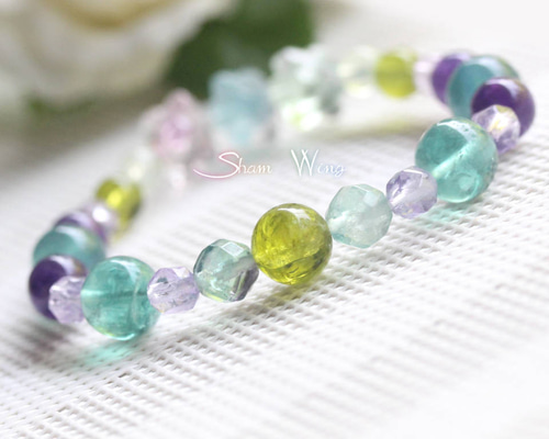 大粒ペリドット＆ブルーグリーンフローライトブレスレット+:｡初夏の  