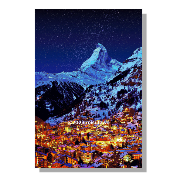 【選べる3枚組ポストカード】スイス ツェルマットの雪夜【作品No.504】 1枚目の画像