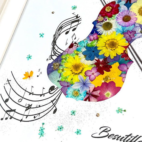 お花の音色が舞うバイオリンの押し花アート額 ギフト その他アート