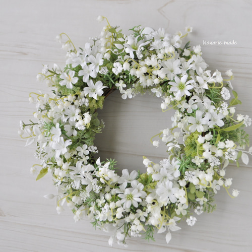 再販 ピュアホワイト すずらんと白い花 リース：すずらん デージー 白
