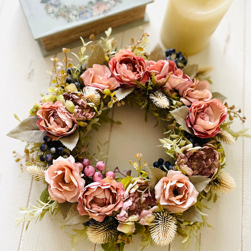 sale アンティーク調薔薇リース 玄関ドアリース ミニ薔薇リース  